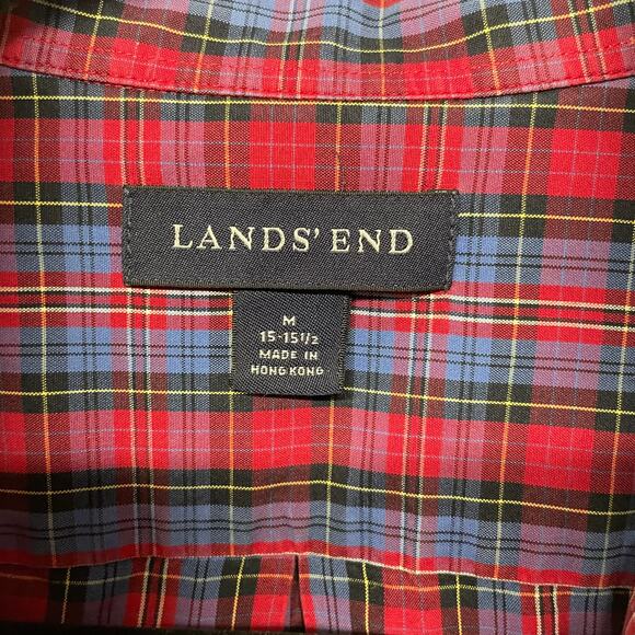 Lands End Mens Red Blue Plaid Short Sleeve Button Up Shirt Size Medium 15-15 1/2 - Picture 4 of 5